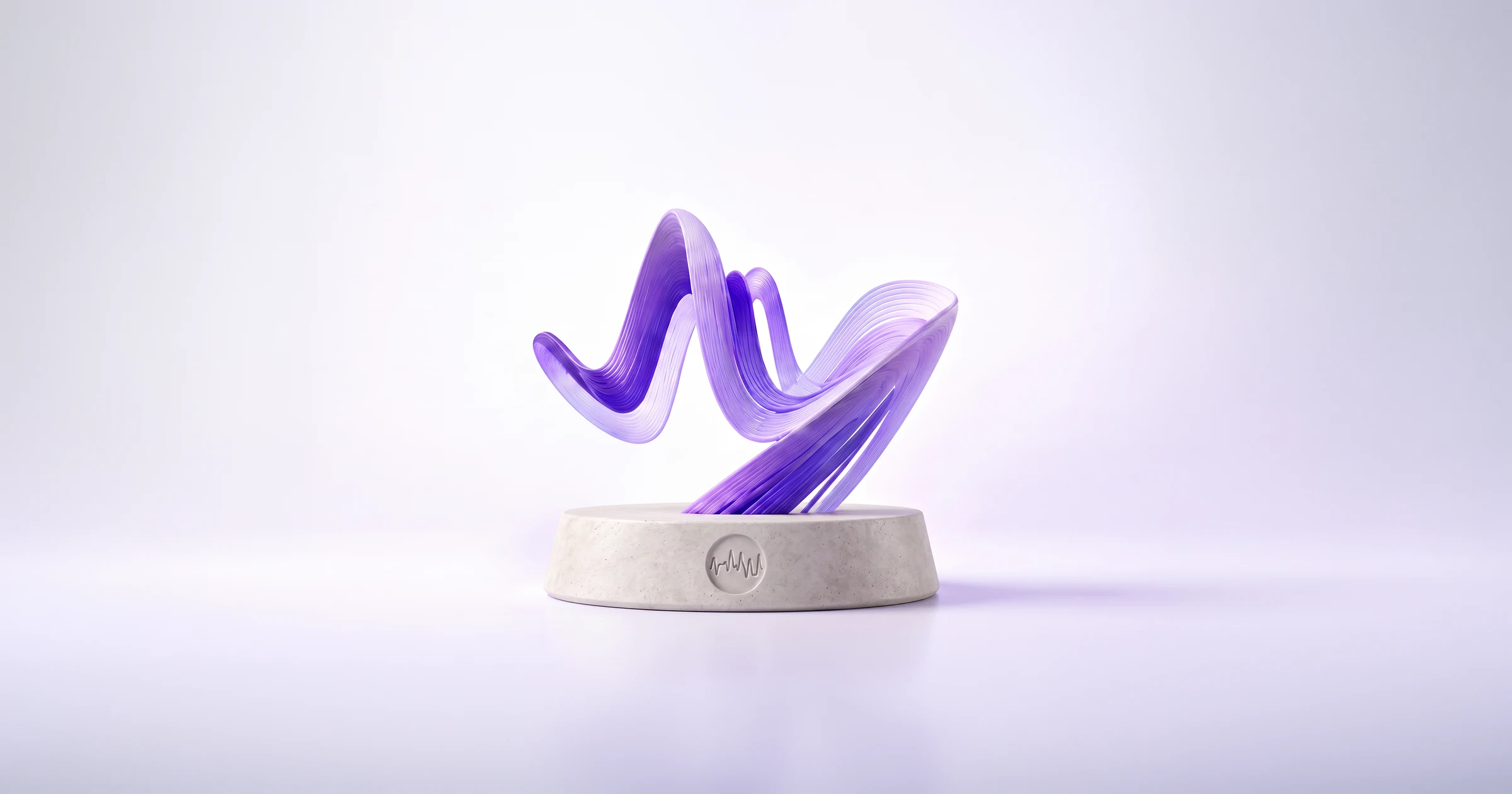 Violet neural-signal sculpture rising from a stone trophy base